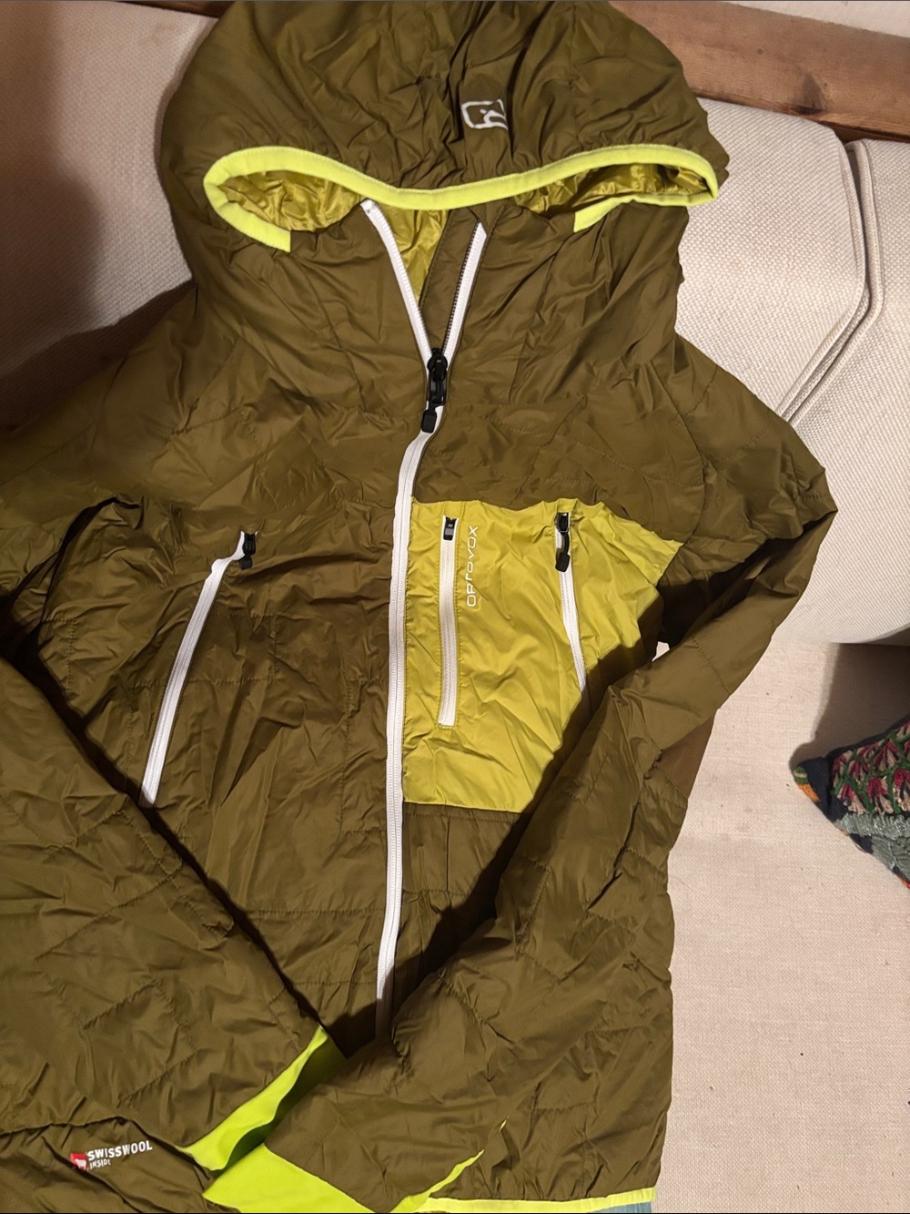Men's Ortovox Olive & Lime Hooded Swisswool Jacket Size Large